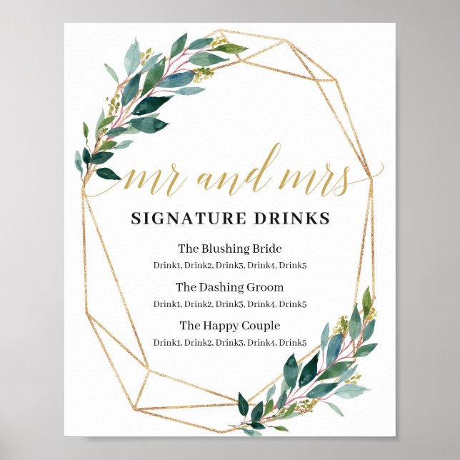 Mr and Mrs Signature drinks sign greenery foliage (Front)