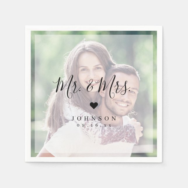 Mr and Mrs simple elegant script photo wedding Napkin (Front)