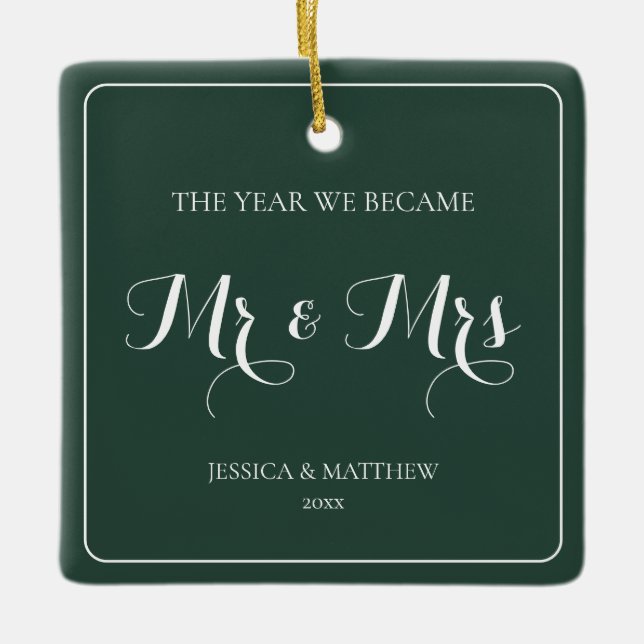 Mr and Mrs Simple Minimalist Green Newlywed Couple Ceramic Ornament (Front)