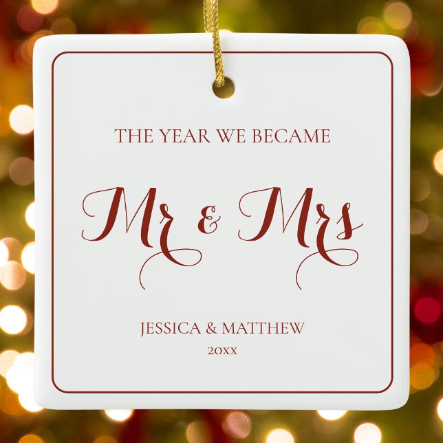 Mr and Mrs Simple Minimalist Red Newlywed Couple Ceramic Ornament (Mr and Mrs Simple Minimalist Red Newlywed Couple Ceramic Ornament)