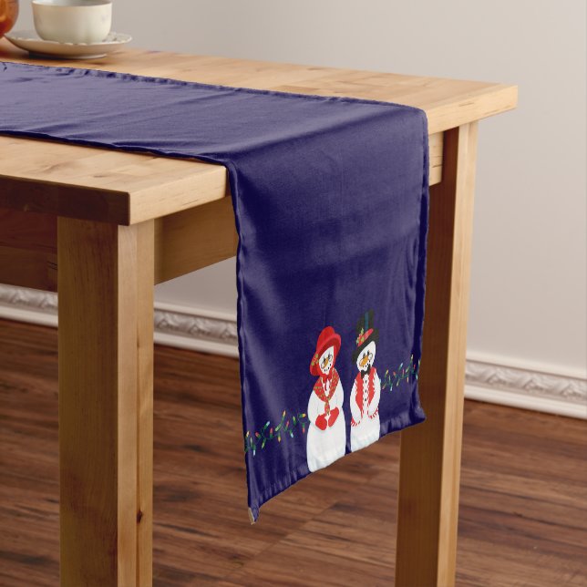 Mr and Mrs Snowman Christmas Lights Short Table Runner (In Situ)