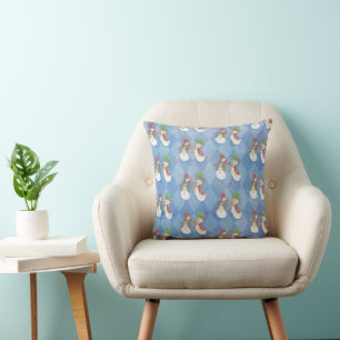 Mr and Mrs Snowman Pattern on Blue Cushion