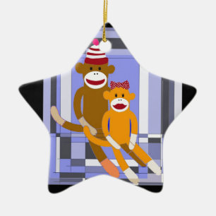 Mr. and Mrs. Sock Monkey. Ceramic Tree Decoration