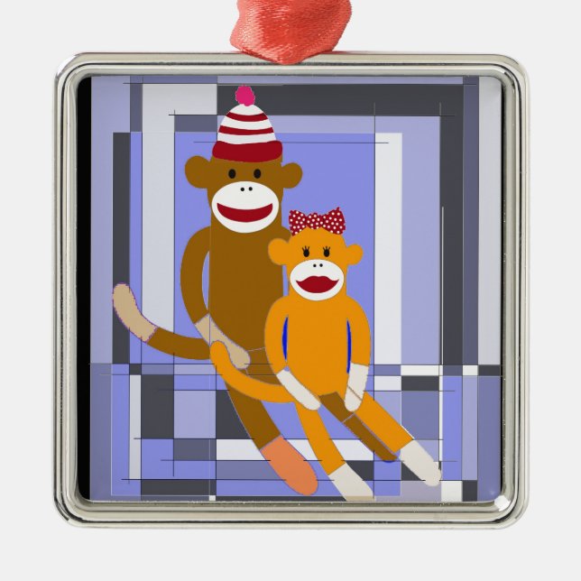 Mr. and Mrs. Sock Monkey. Metal Tree Decoration (Front)