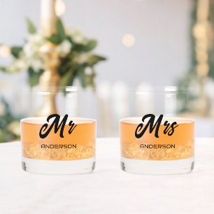Mr and Mrs Stylised Bride and Groom Name Whiskey Glass