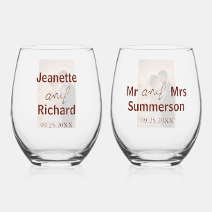 Mr and Mrs Sunset Beach Romantic Wedding Stemless Wine Glass