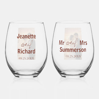 Mr and Mrs Sunset Beach Romantic Wedding  Stemless Wine Glass