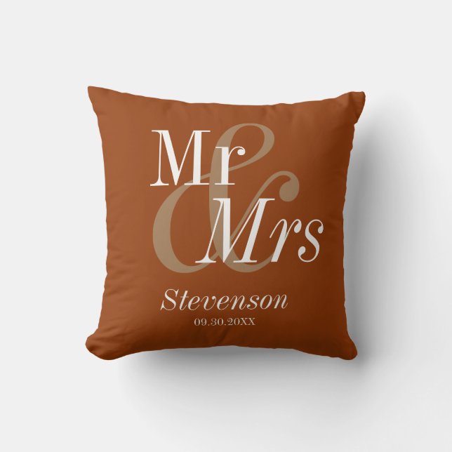 Mr and Mrs  Terracottta Modern Wedding Gift Cushion (Front)