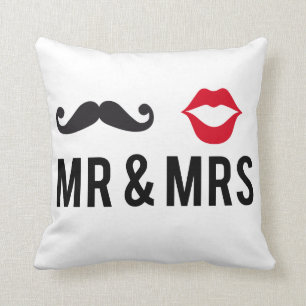 Mr and Mrs, text design with moustache and red lip Cushion
