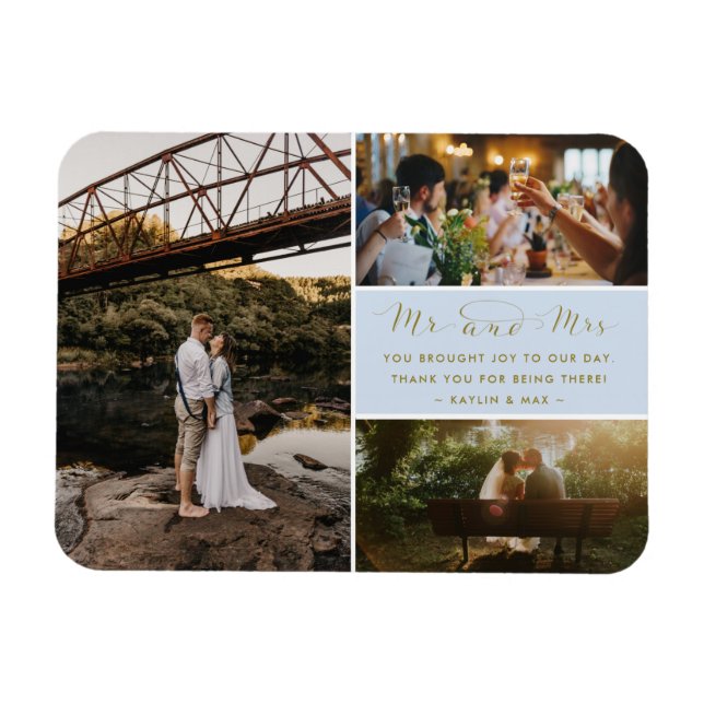 Mr and Mrs Thank You Photo Collage Blue and Gold Magnet (Horizontal)