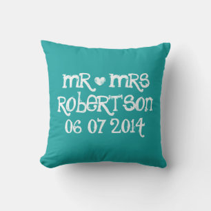 Mr and Mrs turquoise blue wedding throw pillows