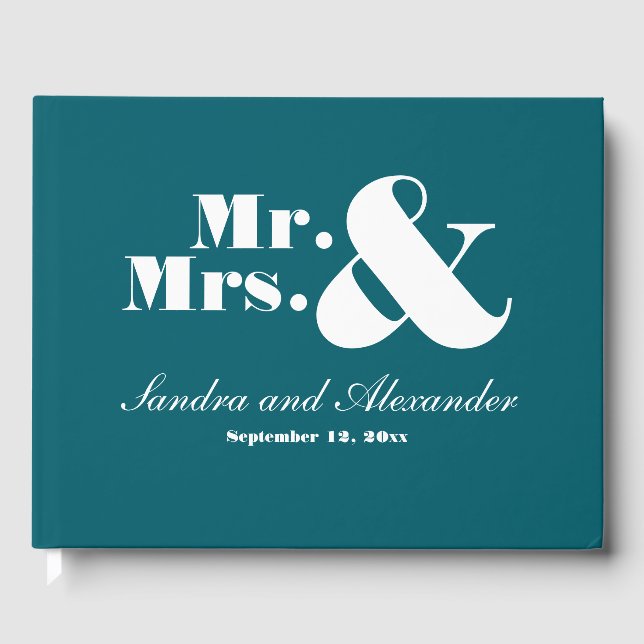 Mr. and Mrs. Turquoise Teal Blue Photo Wedding  Guest Book (Front)