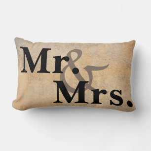 Mr. and Mrs. typography pillow sepia and khaki.