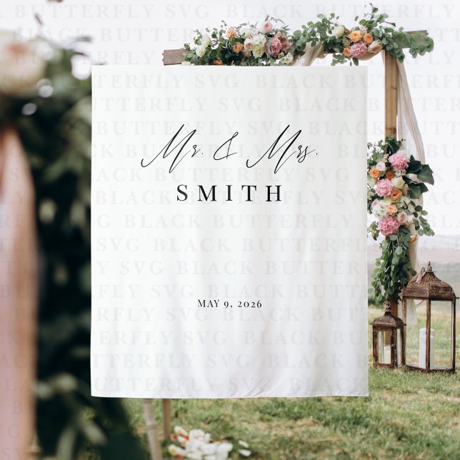 Mr and Mrs Wedding Backdrop Banner | Elegant  Tapestry (Mr. & Mrs. Wedding Backdrop Banner)