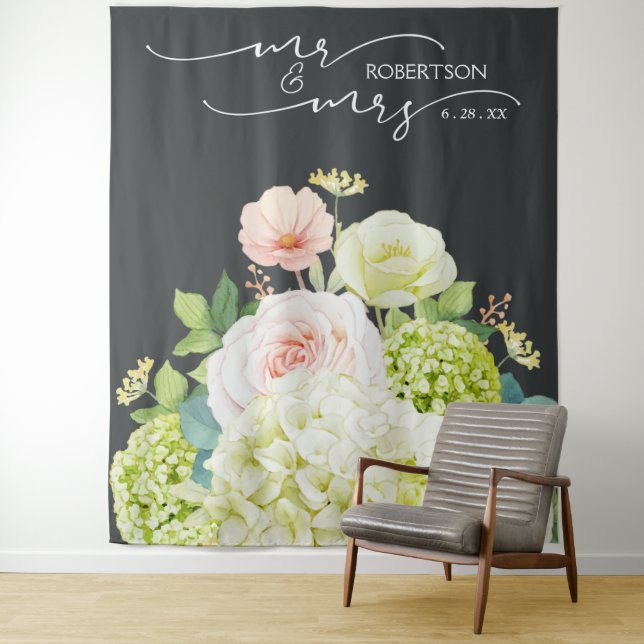 Mr. and Mrs. Wedding Backdrop Floral Banner Tapestry (In Situ)