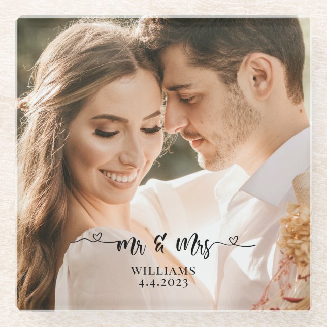 Mr. and Mrs. Wedding Couple Glass Coaster (Front)