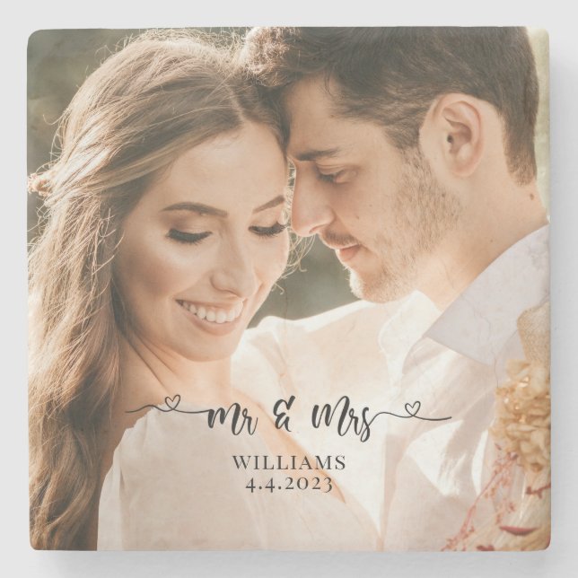 Mr. and Mrs. Wedding Couple Stone Coaster (Front)