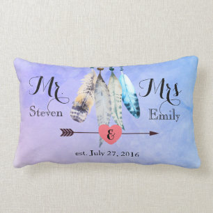 Mr and Mrs Wedding Date watercolor feathers Lumbar Cushion