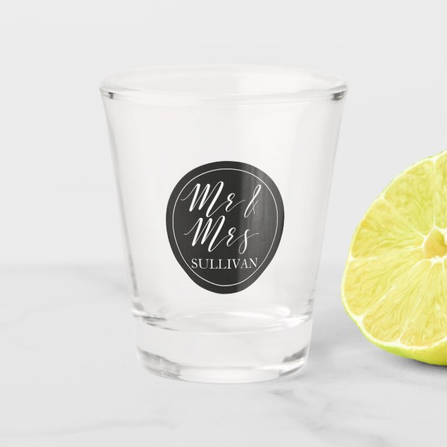 Mr and Mrs Wedding elegant monogrammed Shot Glass (Front)