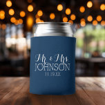 Mr and Mrs Wedding Favour Solid Navy Blue Can Cooler<br><div class="desc">A bold colour with chic fonts make a statement piece for reception favours. Items are easier to customise when you replace all text and photos first. If your art still needs to be adjusted, click on the Customise This button. This will take you to a design area where you can...</div>