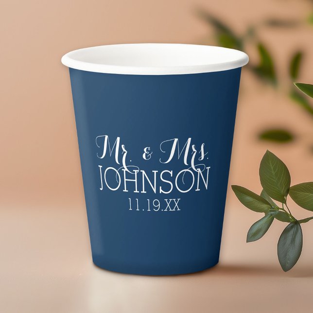 Mr and Mrs Wedding Favour Solid Navy Blue Paper Cups (Custom Paper Cups for a Wedding or Anniversary Celebration)
