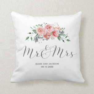 Mr and Mrs Wedding Keepsake Watercolor Rose Cushion