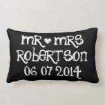 Mr and Mrs wedding lumbar pillow for newly weds<br><div class="desc">Custom Mr and Mrs chalk writing wedding lumbar throw pillow with vintage love heart. Personalised chalk board pillow cushions for sofa or bed. Fun design with white heart and name of newly wed couple. Cute home decor personalised for bride and groom / husband and wife. Romantic wedding presents for newlyweds....</div>