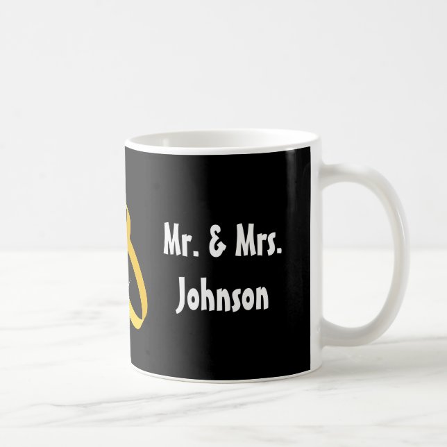 Mr and Mrs wedding mug with golden rings design (Right)