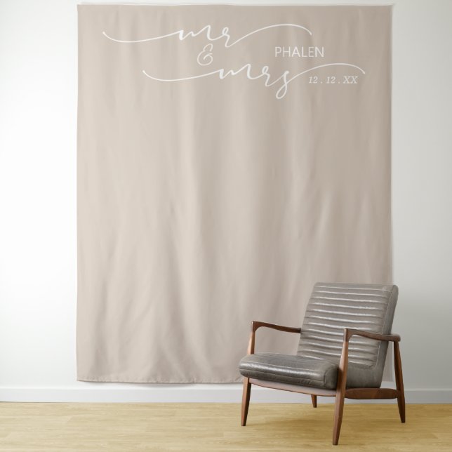 Mr. and Mrs. Wedding Photo Beige Banner Tapestry (In Situ)