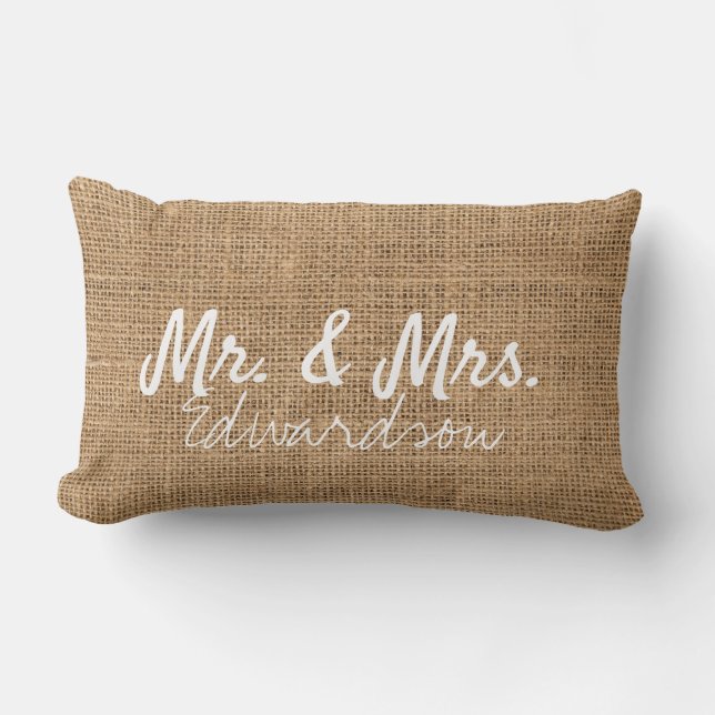 Mr. and Mrs. Wedding rustic burlap monogrammed Lumbar Cushion (Front)