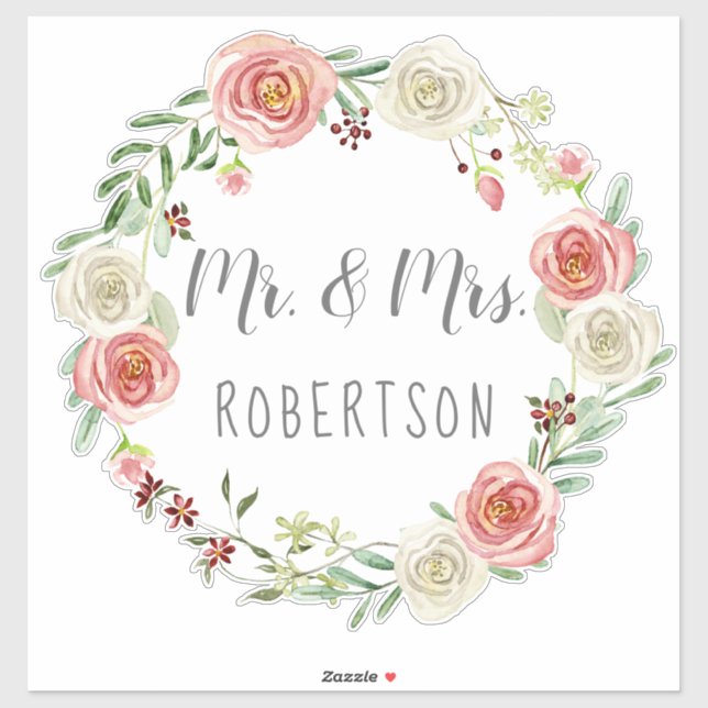 Mr. and Mrs. Wedding Watercolor Rose Floral Wreath (Sheet)