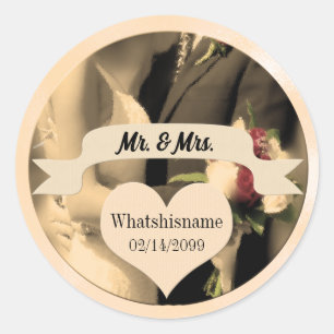 Mr and Mrs Wedding with Name and Date in Sepia Classic Round Sticker
