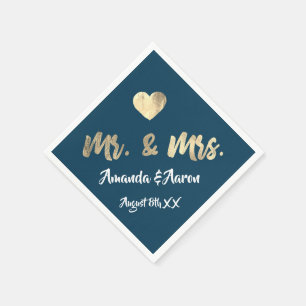 Mr. and Mrs. White Heart Blue Champaigne Gold Napkin