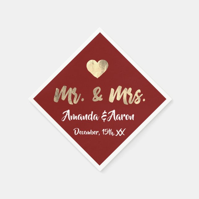 Mr. and Mrs. White Heart Maroon Champaigne Gold Napkin (Corner)
