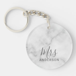 Mr and Mrs   White Marble Modern Script Wedding Key Ring