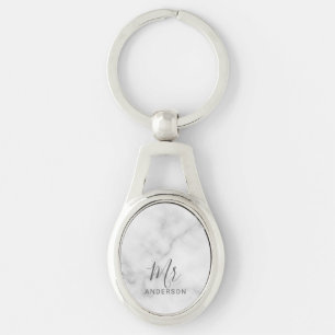 Mr and Mrs   White Marble Modern Script Wedding Key Ring