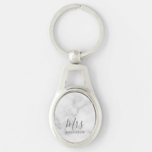 Mr and Mrs   White Marble Modern Script Wedding Key Ring