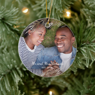 Mr and Mrs with Year and Photo Christmas Taupe Ceramic Tree Decoration