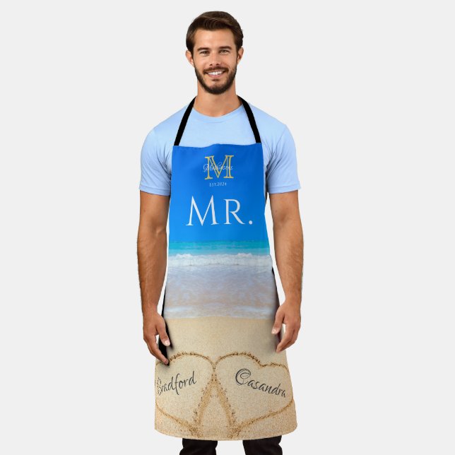 Mr. Beach Wedding Hearts in Sand Family Monogram Apron (Worn)