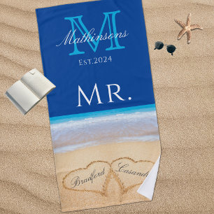 Mr. Beach Wedding Hearts in Sand Family Monogram B Towel