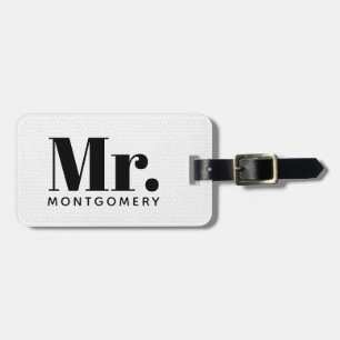 Mr. Black Leather Script Monogrammed Name Luggage Tag
