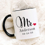 Mr. Black Script Married Monogram Wedding Mug<br><div class="desc">Personalised coffee mugs for the newly married Mr. and Mrs. feature elegant black script and custom last name and wedding date monogram text that can be personalised. Design includes a cute red heart detail. Makes a great wedding gift! Shop our store for the coordinating mug design.</div>