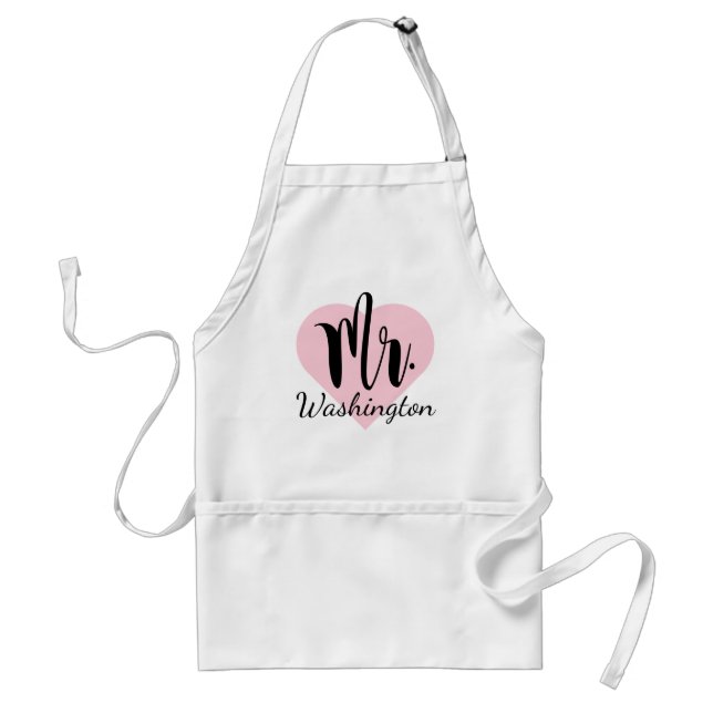 Mr. Black Script Monogram Pink Heart Wedding Standard Apron (Front)