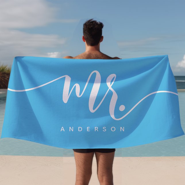 Mr Blue And White Newlywed Groom Personalised Beach Towel (Creator Uploaded)