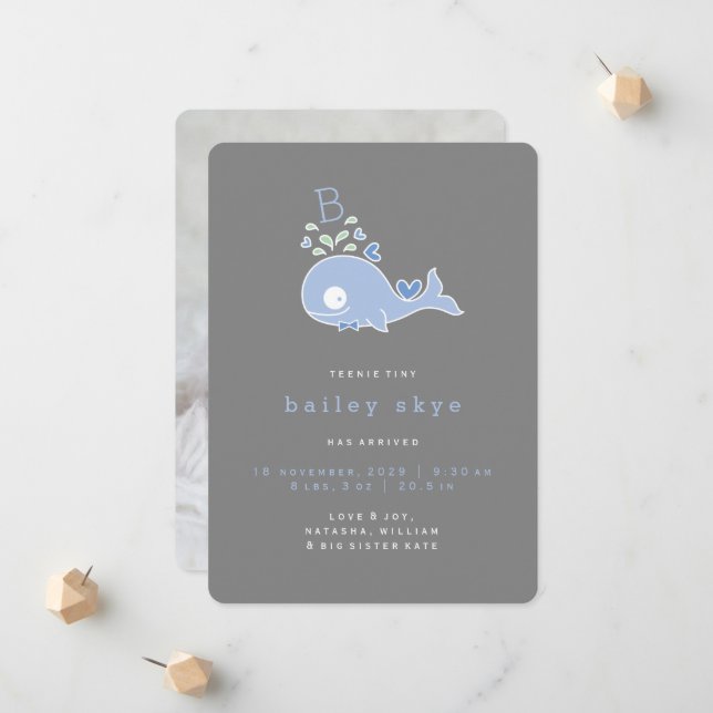 Mr Blue Whale Monogram Baby Boy Birth Announcement (Front/Back In Situ)