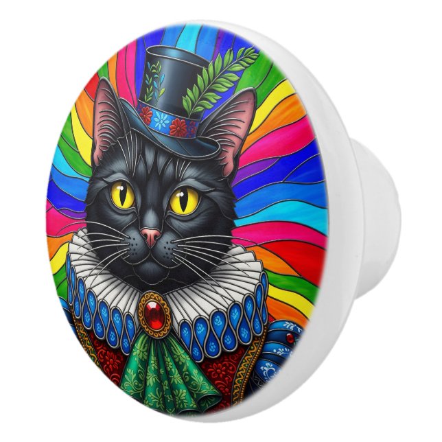 Mr Cat, Victorian Black Cat in Hat  Ceramic Knob (Right)