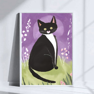Mr. Chonk   Tuxedo Cat Purple Watercolor Poster