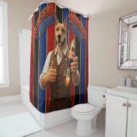 Mr. Chums shower curtain./chal cola bathroom