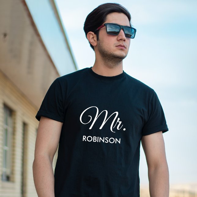 Mr Custom Name Newlywed White Script Black Mens T-Shirt (Creator Uploaded)