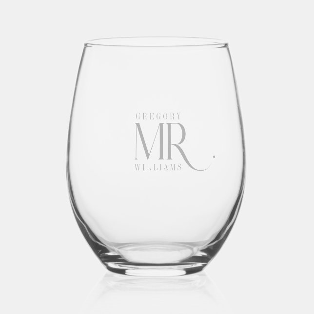 MR., Elegant Light Grey Typography Stemless Wine Glass (Front)